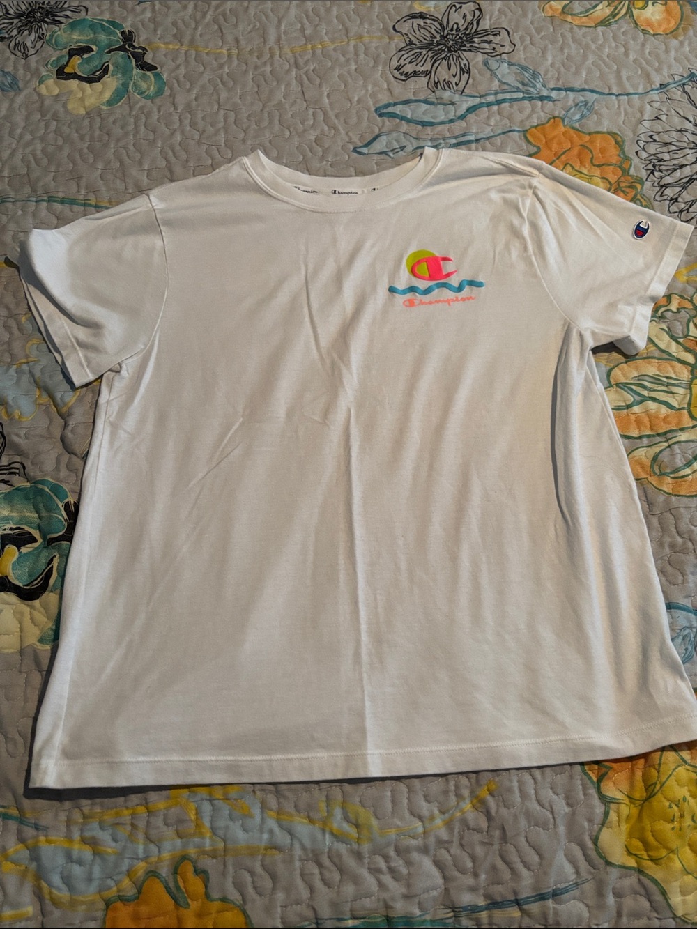 Champion White Tee with Neon Pink & Yellow Surf Logo